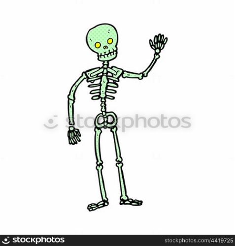 retro comic book style cartoon waving skeleton