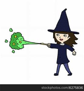 retro comic book style cartoon witch girl casting spell