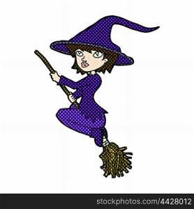 retro comic book style cartoon witch riding broomstick