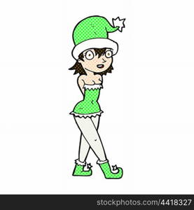 retro comic book style cartoon woman in christmas elf costume