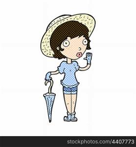 retro comic book style cartoon woman in summer hat waving