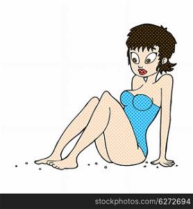 retro comic book style cartoon woman in swimsuit