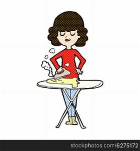 retro comic book style cartoon woman ironing