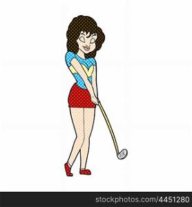 retro comic book style cartoon woman playing golf