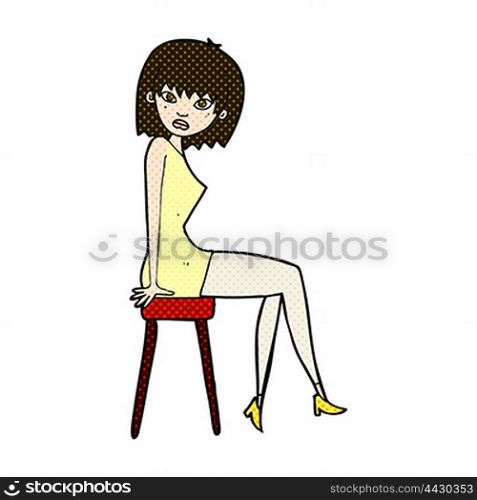 retro comic book style cartoon woman sitting on stool