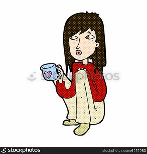 retro comic book style cartoon woman sitting with cup of coffee