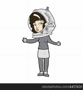 retro comic book style cartoon woman wearing astronaut helmet
