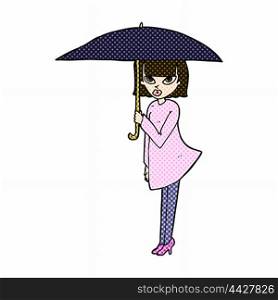retro comic book style cartoon woman with umbrella