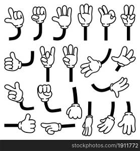 Retro comic hands gestures in gloves for cartoon characters. Doodle arm pointing finger. Thumb up, fist, rock and victory signs vector set. Body language symbols, hand movements animation. Retro comic hands gestures in gloves for cartoon characters. Doodle arm pointing finger. Thumb up, fist, rock and victory signs vector set