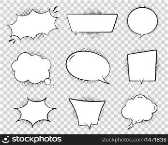 Retro comic speech bubble. Chat cloud for text on transparent background. Vintage empty speech bubble with dots. Cartoon think balloon for message. Comic dialog sketch illustration. Design vector. Retro comic speech bubble. Chat cloud for text on transparent background. Vintage empty speech bubble with dots. Cartoon think balloon of message. Comic dialog sketch illustration. Design vector