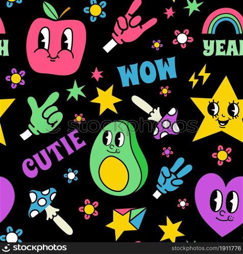 Retro comic style characters faces and hands seamless pattern. Trendy print with psychedelic stickers. Funny cartoon elements vector texture. Bright cute fruit, happy stars and heart. Retro comic style characters faces and hands seamless pattern. Trendy print with psychedelic stickers. Funny cartoon elements vector texture