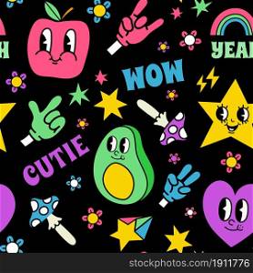 Retro comic style characters faces and hands seamless pattern. Trendy print with psychedelic stickers. Funny cartoon elements vector texture. Bright cute fruit, happy stars and heart. Retro comic style characters faces and hands seamless pattern. Trendy print with psychedelic stickers. Funny cartoon elements vector texture