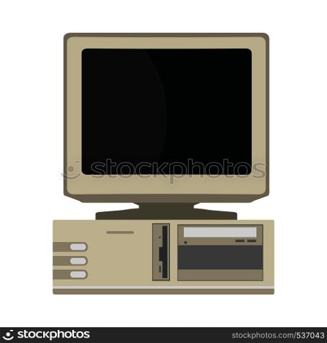 Retro computer front view device equipment flat vector icon. 90s machine PC