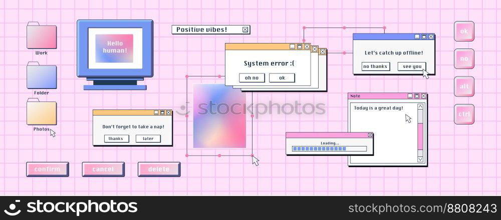 Retro computer interface, digital screen with windows, buttons, message frames. Desktop pc system elements in y2k style, vector cartoon set on pink background. Retro computer interface, desktop pc elements