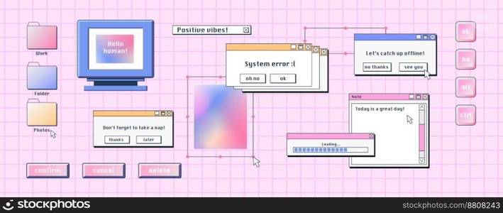 Retro computer interface, digital screen with windows, buttons, message frames. Desktop pc system elements in y2k style, vector cartoon set on pink background. Retro computer interface, desktop pc elements
