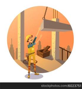 Retro construction cartoon. Construction concept with labor worker putting concrete bay on building retro stylr vector illustration