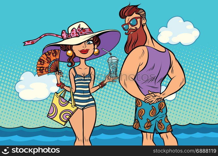 retro couple at the sea, young woman bearded hipster. Comic book cartoon pop art retro color illustration drawing. retro couple at the sea, young woman bearded hipster