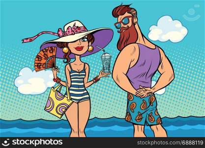 retro couple at the sea, young woman bearded hipster. Comic book cartoon pop art retro color illustration drawing. retro couple at the sea, young woman bearded hipster