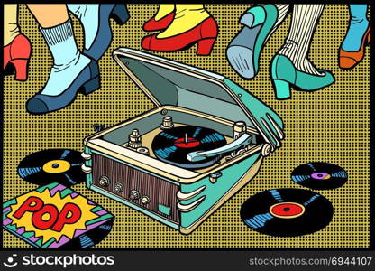 retro dancing gramophone. a music party. disco men and women. Comic book cartoon pop art illustration retro drawing. retro dancing gramophone