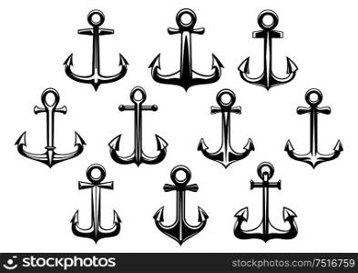 Retro decorative ship anchors icons. Black silhouettes of stocked anchors for navy heraldry, tattoo or nautical symbol design. Retro marine stocked anchors icons