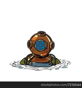 retro deep sea diver in metal helmet. isolate on white background. Pop art vector illustration drawing. retro deep sea diver in metal helmet. isolate on white background
