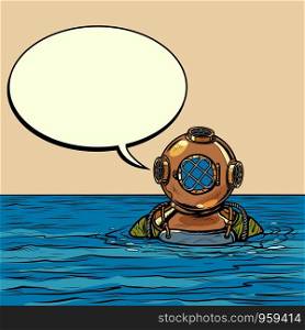 retro deep sea diver in metal helmet. Pop art vector illustration drawing. retro deep sea diver in metal helmet