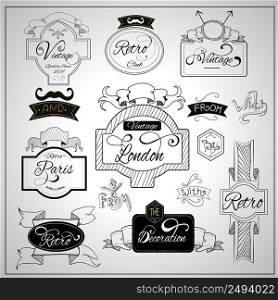 Retro design nostalgic elements with catchwords ribbons and moustaches on whiteboard black felt pen abstract vector illustration. Retro design catchwords elements on whiteboard