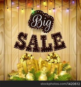 Retro design poster for big sale with gift boxes, balls, and pine tree on wood background