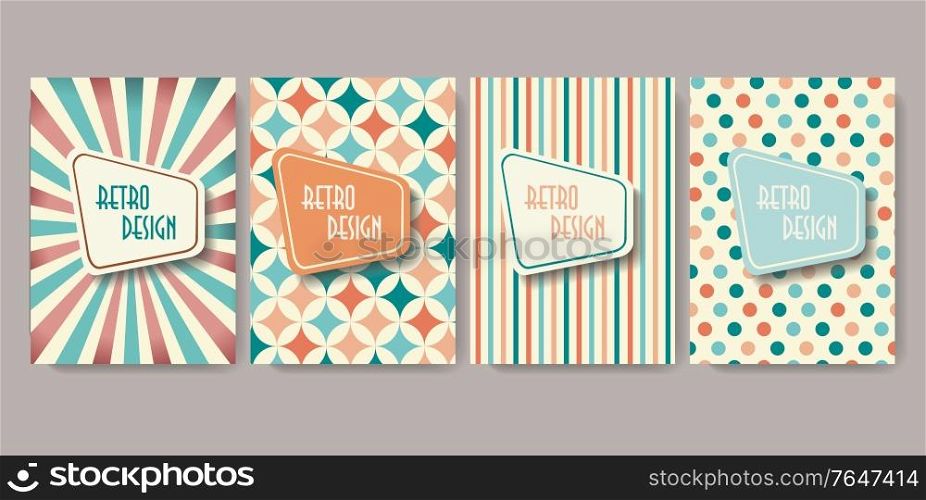 Retro design templates for brochure covers, banners, flyers and posters with abstract shapes, memphis geometric flat style.