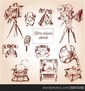 Retro devices decorative icons sketch set with film camera telephone typing machine isolated vector illustration. Retro Devices Sketch