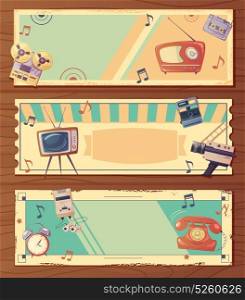 Retro Devices Horizontal Banners. Retro devices horizontal banners with music video and other classic gadgets isolated vector illustration