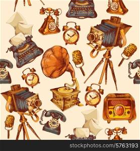 Retro devices sketch seamless pattern with alarm clock photo camera microphone vector illustration