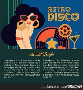 Retro disco party. Vector illustration.. Retro disco party. Vector illustration, poster in retro style. Beautiful girl with sunglasses and a vinyl record.