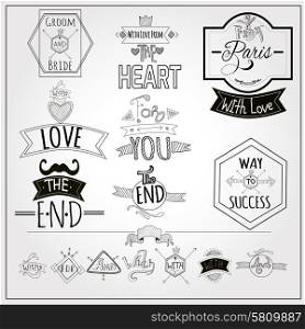 Retro doodle catchwords emblems whiteboard collection. Retro catchwords and romantic heart love emblem on whiteboard black felt pen doodle style abstract vector illustration