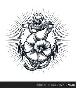 Retro Emblem of Anchor with Seashell drawn in tattoo style. Vector illustration.