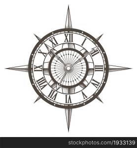 Retro Emblem of Round Compass Clock drawn on white background. Vector illustration.