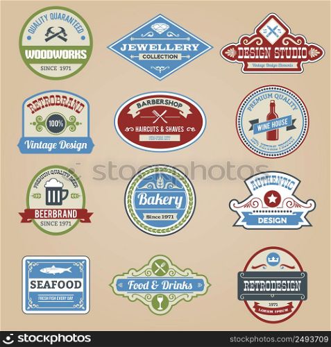 Retro emblems colored set with authentic seafood wine and jewellery stickers isolated vector illustration