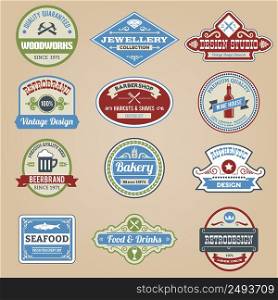 Retro emblems colored set with authentic seafood wine and jewellery stickers isolated vector illustration
