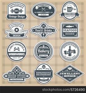 Retro emblems set with food drinks barbershop and woodworks sticker isolated vector illustration