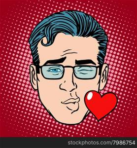Retro Emoji kiss face man pop art style. Heart love relationship romance flirt. Retro Emoji kiss face man