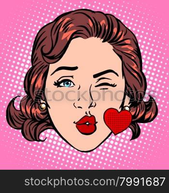 Retro Emoji love kiss heart woman face pop art retro style. Retro Emoji love kiss heart woman face