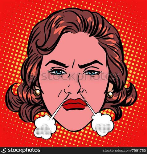 Retro Emoji rage anger boiling woman face pop art retro style. Retro Emoji rage anger boiling woman face