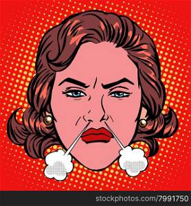 Retro Emoji rage anger boiling woman face pop art retro style. Retro Emoji rage anger boiling woman face