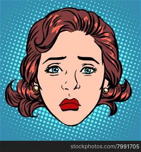 Retro Emoji sadness woman face pop art retro style. Retro Emoji sadness woman face