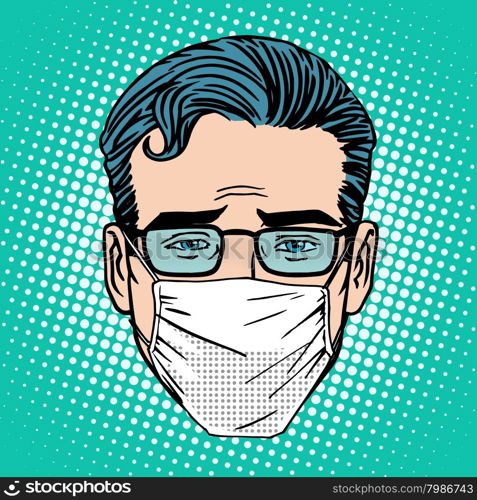 Retro Emoji sore virus infection medical mask face man pop art style. Retro Emoji sore virus infection medical mask face man