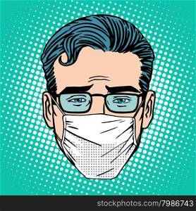 Retro Emoji sore virus infection medical mask face man pop art style. Retro Emoji sore virus infection medical mask face man