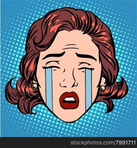 Retro Emoji tears crying sorrow woman face pop art retro style. Retro Emoji tears crying sorrow woman face