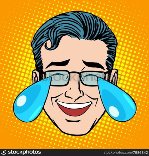 Retro Emoji tears joy man face pop art style. Joke hysterical laughter. Retro Emoji tears joy man face