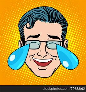 Retro Emoji tears joy man face pop art style. Joke hysterical laughter. Retro Emoji tears joy man face