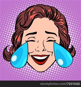 Retro Emoji tears of joy woman face pop art retro style. Retro Emoji tears of joy woman face